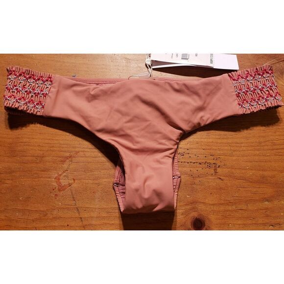 PILYQ LOTUS SMOCKED TAB TEENY EMBROIDERED CINCHED  SIDE BIKINI BOTTOM NWT - Picture 1 of 8